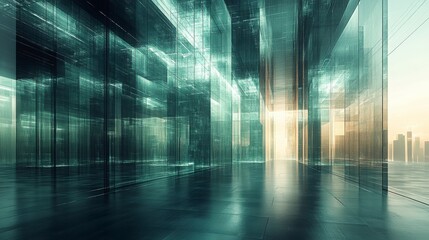 Futuristic Abstract Architecture with Glass Structures Reflecting Light and Creating a Dynamic Urban Atmosphere in an Innovative City Setting