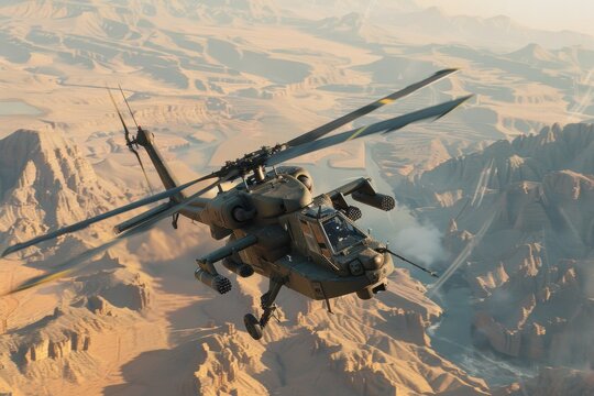 Low-flying apache attack helicopter soars over desert landscape action shot military environment