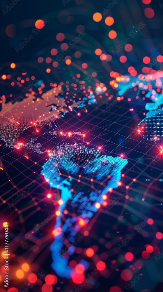 Poster digital world map visualization with glowing continents abstract design global connectivity vibrant 