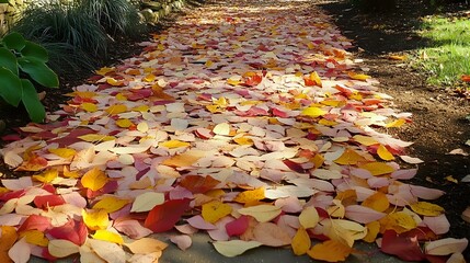 Warm and inviting autumn scene with colorful leaves covering a park pathway