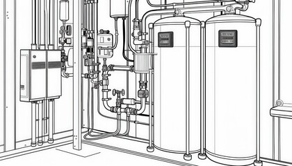 Industrial water treatment system with tanks, pipes, valves, and control panel. Ideal for purifying water in manufacturing or processing plants.