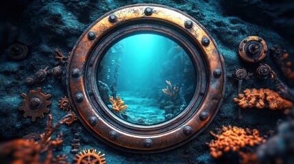 Rusty steampunk porthole view of underwater coral reef.