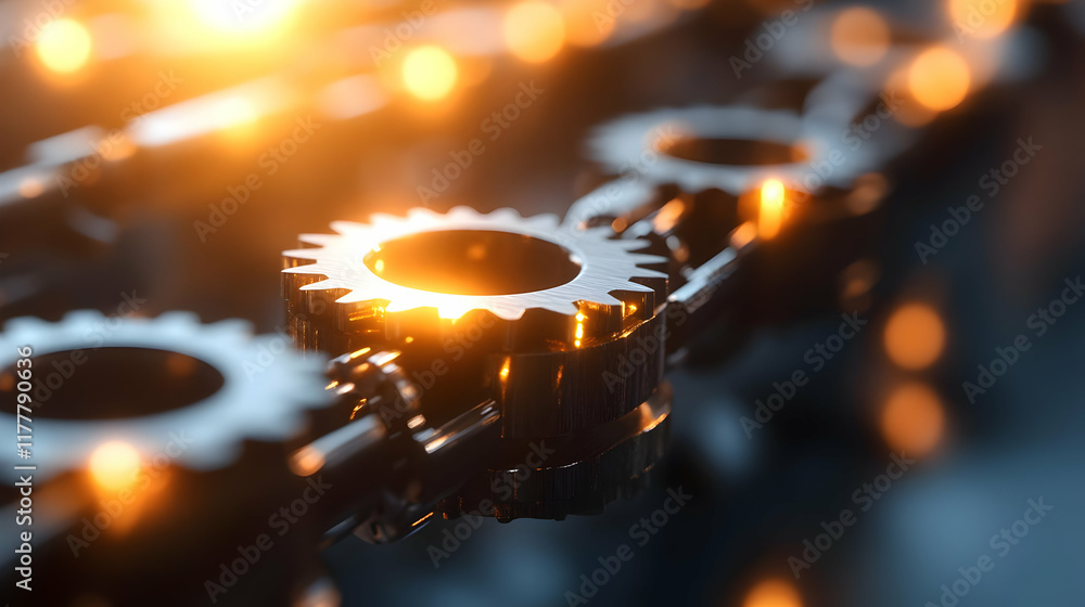 Poster precision metal gears interlock; factory background; industrial efficiency; engineering concept; web