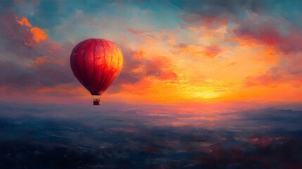 Obraz premium Vibrant Impressionistic Hot Air Balloon Soaring Over Dreamlike Abstract Landscape with Bold Brushwork and Swirling Colors