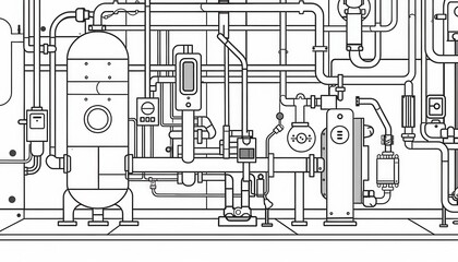 Intricate line art of industrial pipeline system. Ideal for manufacturing, engineering, or industrial-themed designs.  Suitable for website banners, backgrounds, or educational materials.