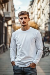 A young man stands confidently in a city street, wearing a white long sleeve T-shirt mockup and jeans. The background features blurred buildings and trees, creating a vibrant urban atmosphere.