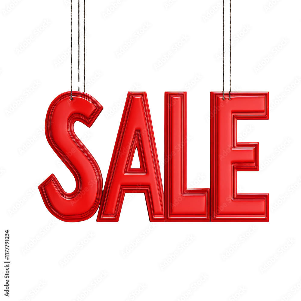 Poster A 3D rendered image of the word SALE in red letters hanging from strings against a white background.