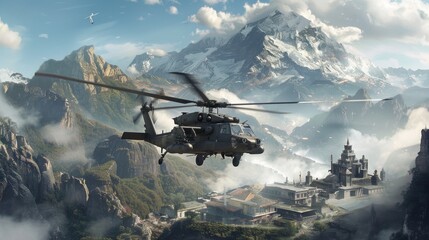 Naklejka premium Apache helicopter precision drop mountainous region digital art serene landscape aerial perspective military concept