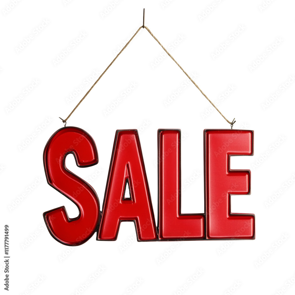 Poster A red SALE sign hangs from a simple twine string against a white background.