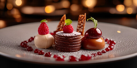 Gourmet dessert plate with chocolate, raspberries, and caramel in a fine dining setting, Elegant plated dessert featuring chocolate stack and fresh berries with artistic presentation