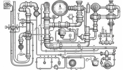 Intricate monochrome illustration of interconnected pipes, valves, gauges, and other mechanical components. Ideal for industrial backgrounds, steampunk designs, or complex system visuals.