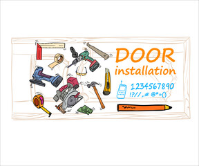 Installation of door announcement. Creative advertisement template, vector illustration.