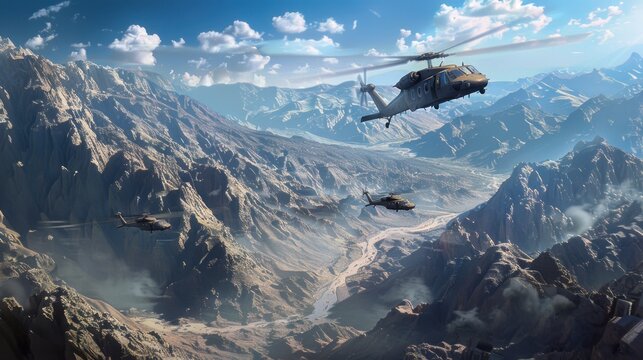 Kutae attack helicopters ah apaches engaging in high-altitude maneuvers over stunning mountainous terrain