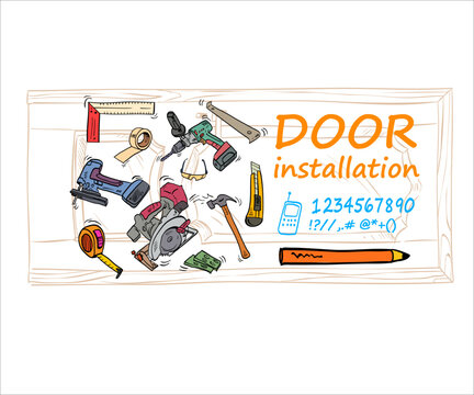 Installation of door announcement. Creative advertisement template, vector illustration.