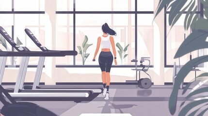 Motivated individual jogs on a treadmill in a bright, airy gym filled with greenery and modern equipment. Generative AI