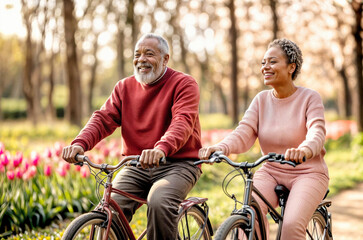 Couple on bike. Senior man and woman on bicycle. Happy spring old people. Black active senior couple in spring park, pink tulip flower. African american people, mature family on bike, Valentine day bg