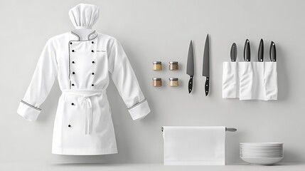 Solid White Chef Uniform Mockup Set for Kitchen Professionals, Front View