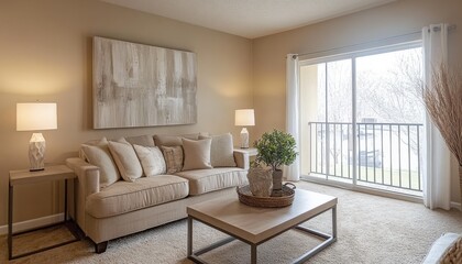 Modern Beige Apartment Living Room Interior Design with Sofa Coffee Table and Sliding Glass Door