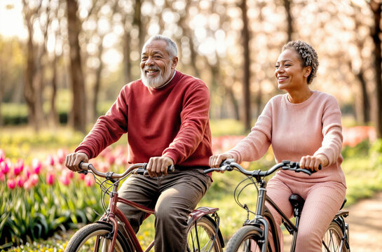 Couple on bike. Senior man and woman on bicycle. Happy spring old people. Black active senior couple in spring park, pink tulip flower. African american people, mature family on bike, Valentine day bg