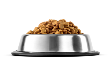 Dry extruded cat or dog food in a steel bowl isolated. Transparent PNG image.