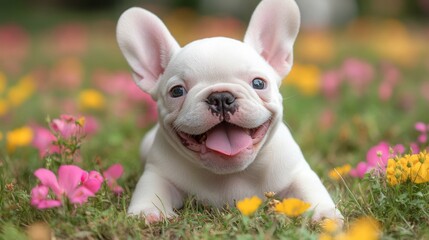Adorable French Bulldog Puppy with Joyful Expression Surrounded by Vibrant Flowers on a Sunny Day in a Lush Green Garden Setting
