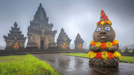 Ancient temple complex with ornate figure in mist.