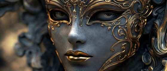 Elegant Womans Face Adorned with Intricate Gold and Gray Venetian Mask