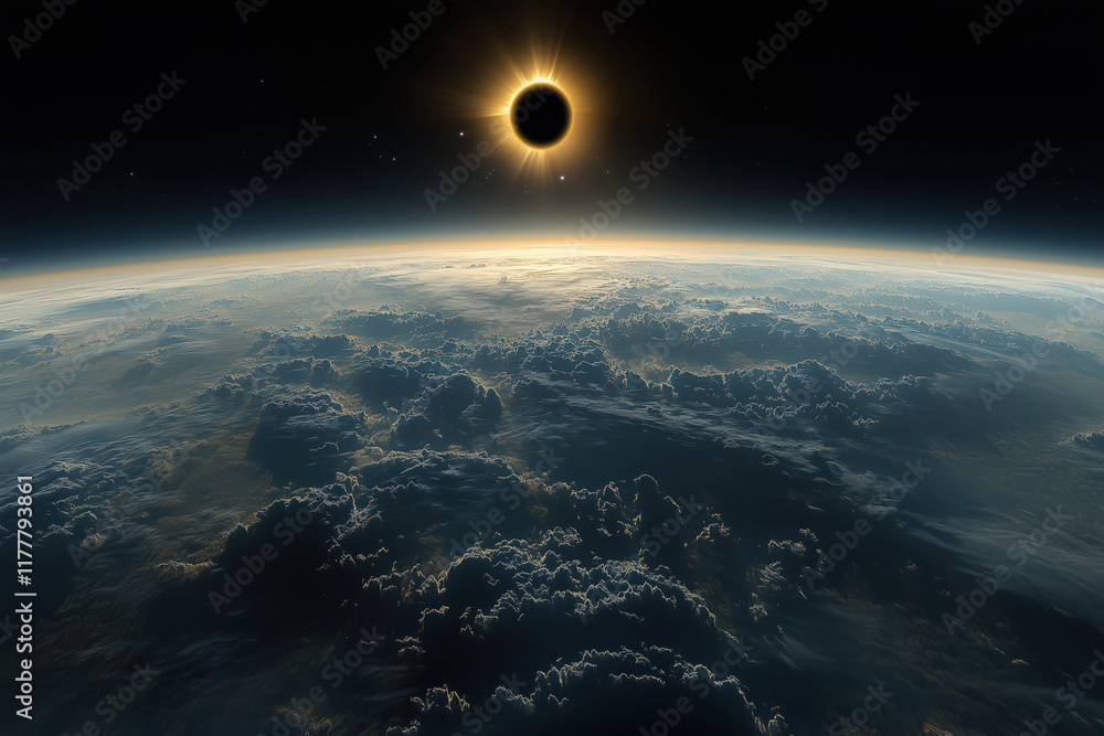 Poster aerial view of earth with a partial solar eclipse shining in the vastness of space