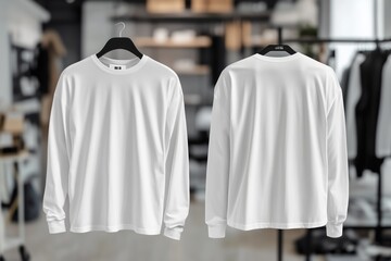 A plain white long sleeve T-shirt mockup front and back sides on hangers, showcasing both front and back views. The setting appears to be a modern clothing store or studio with a stylish interior.