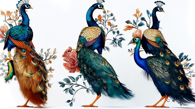 Colorful Cartoon Illustration of Exotic Birds in a Tropical Jungle with Peacocks 