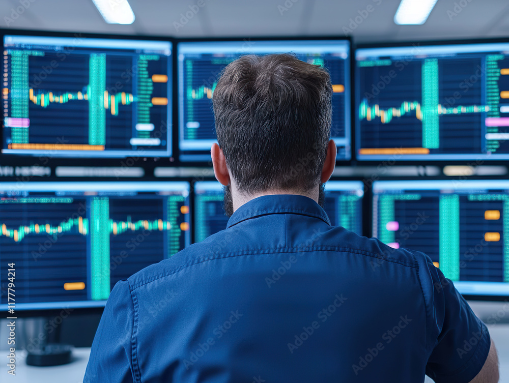Aufkleber financial analyst monitoring stock market data on multiple computer screens in modern office