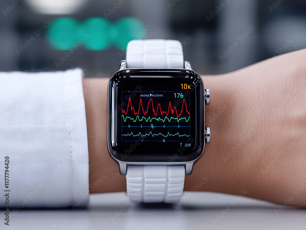 Poster wearable health device displaying real time heart rate and ecg data on digital screen