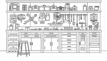 A well-organized workshop with tools and equipment neatly arranged on shelves and workbenches. Ideal for coloring pages or DIY project illustrations.