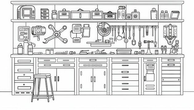 A well-organized workshop with tools and equipment neatly arranged on shelves and workbenches. Ideal for coloring pages or DIY project illustrations.