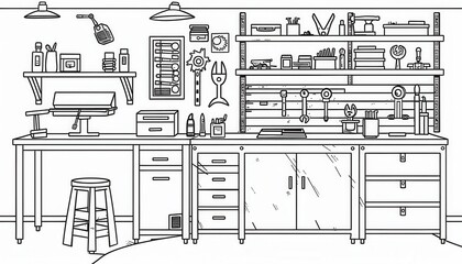 A well-organized workspace illustration featuring various tools and equipment. Ideal for coloring pages, educational materials, or DIY project visuals.