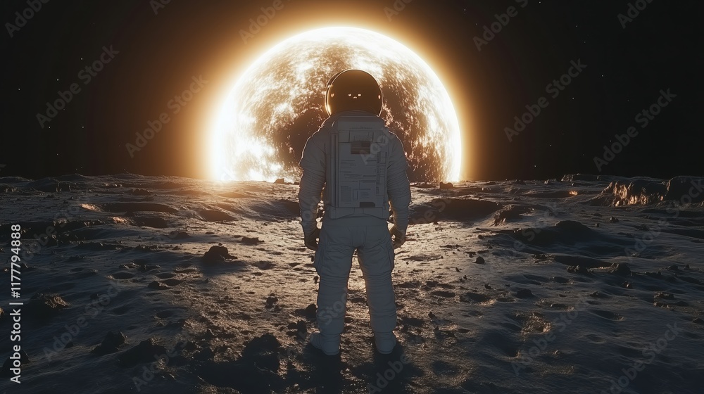 Aufkleber astronaut observes solar eclipse from lunar surface with earth in view under glowing corona