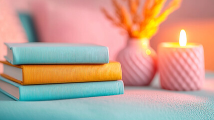 Cozy relaxation scene with colorful books and lit candle on soft fabric background