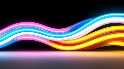 Fototapeta premium Abstract neon light waves flowing in pink, blue, white, and yellow on black background.