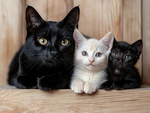 Three kittens and a cat sitting on a shelf