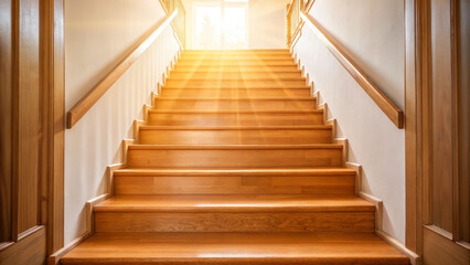 Embracing light on sunlit wooden stairs indoor setting natural glow uplifting perspective