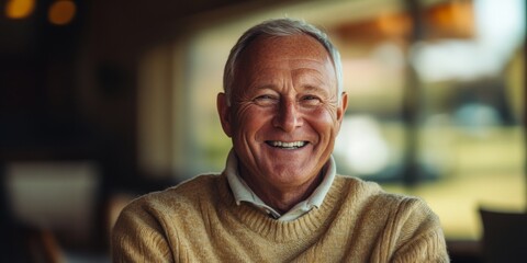Obraz premium A joyful older man smiles warmly at the camera, exuding happiness. This portrait captures a serene moment indoors, showcasing a friendly and relaxed style. Ideal for family or lifestyle themes. AI