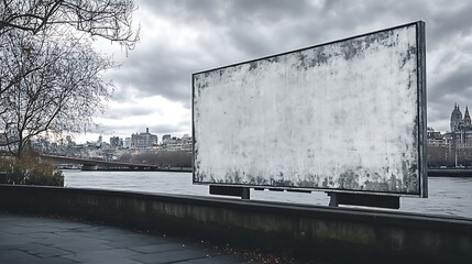 Obraz premium Textured concrete billboard near riverside park in cloudy weather