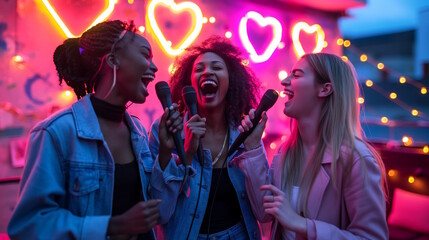 Three diverse Gen Z women singing karaoke with neon heart lights at a festive celebration for Galentine’s Day