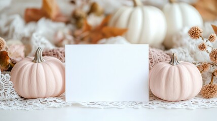 Autumn seasonal display mockup with white card surrounded by pink, white pumpkins, vintage lace, scattered dried botanical elements
