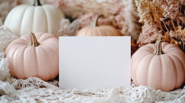 Autumn seasonal display mockup with white card surrounded by pink, white pumpkins, vintage lace, scattered dried botanical elements