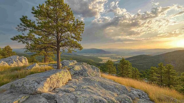 Scenic sunset view from rocky mountaintop.