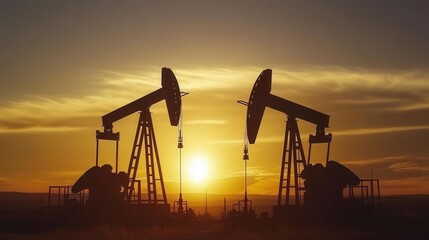 Two oil pumps silhouetted against a vibrant sunset over the horizon in a quiet landscape. Generative AI