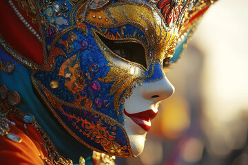 Fototapeta premium Vibrant Carnival Artist in Glittering Costume Close-Up, Generative AI Image Portrait
