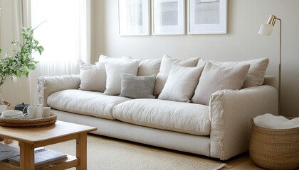 Comfortable Beige Linen Sofa in Modern Living Room Interior Design
