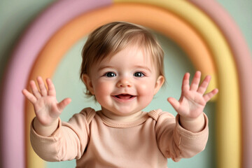 Smiling caucasian baby reaching up under colorful rainbow